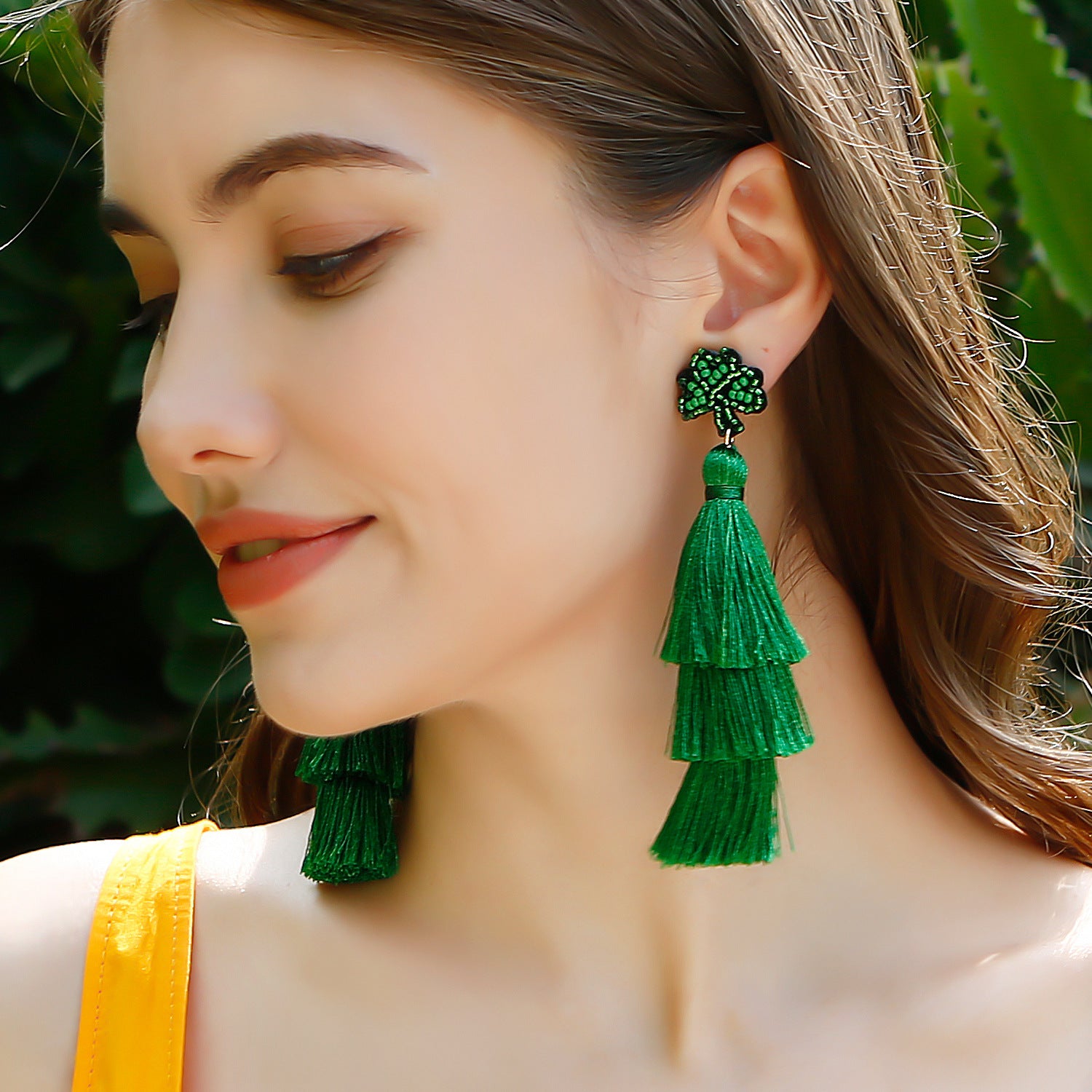Wholesale Saint Patrick Green Cotton Thread, Rice Beads, Leaf Earrings